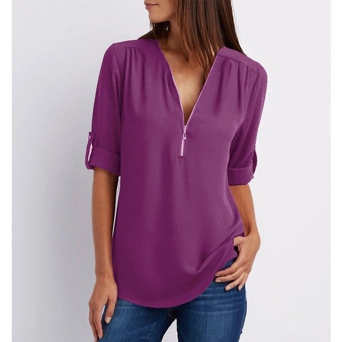 KROHN-E Damen Bluse V-Ausschnitt Reißverschluss rosa Kurzarm