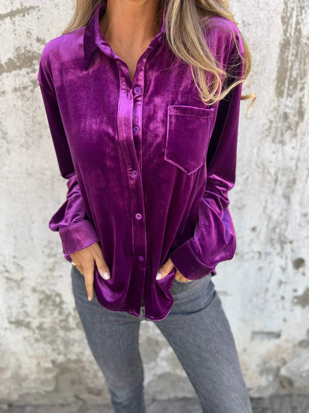 Krohn-e | Elegante Samtbluse mit Tasche Weich und Stilvoll Perfekt für Festliche Anlässe