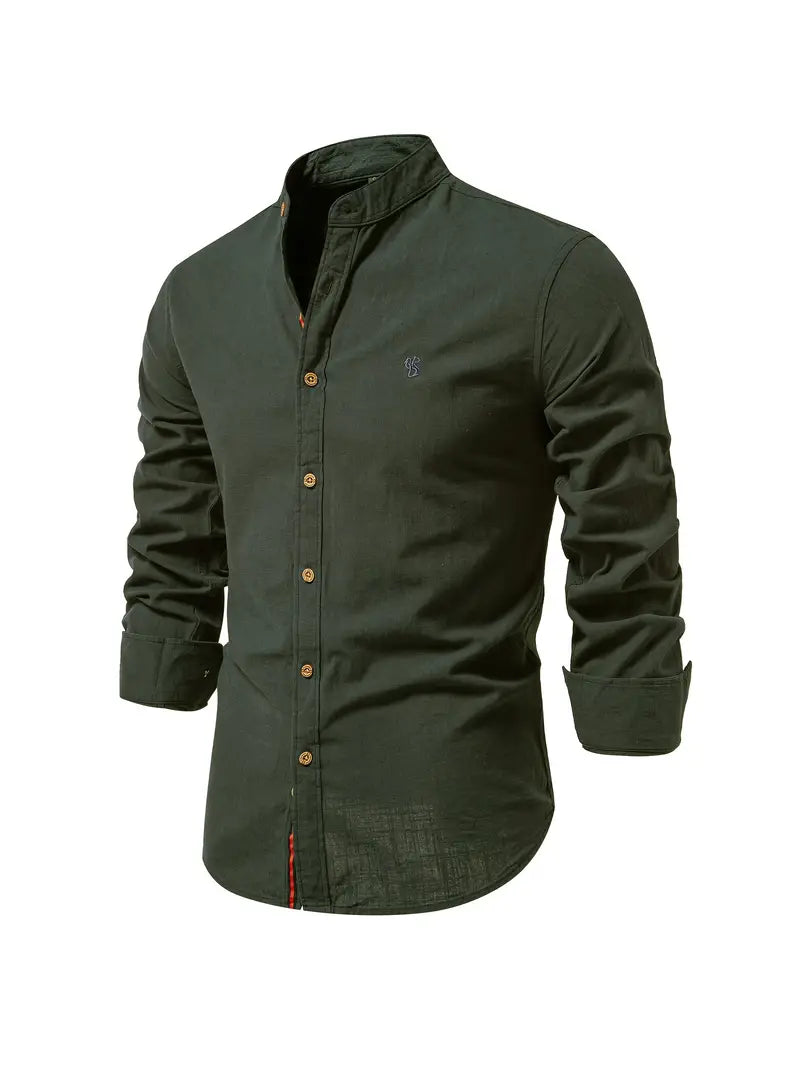Fello | Herren Stehkragen Hemd Langarm Slim Fit Freizeithemd