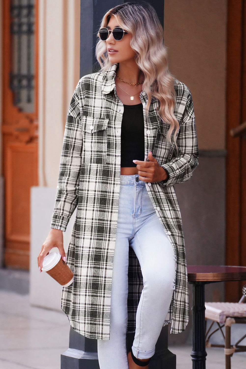 Krohn-e | Karierter Button-Up Longline Shacket mit Brusttaschen