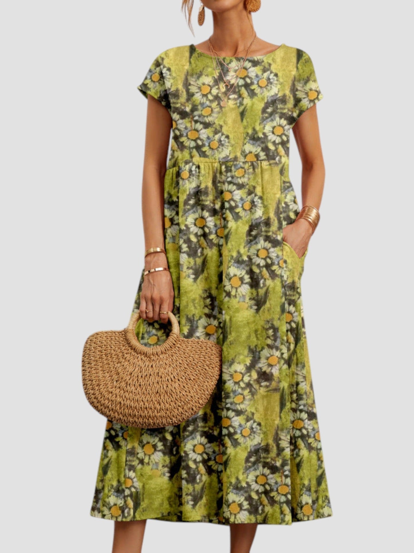 KROHN-E Damen Vintage Maxi-Kleid ärmellos fließend Blumenmuster Sommer