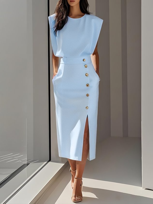 KROHN-E Damen Midi-Kleid Entspannter Schnitt Knopfdetail Vielseitig