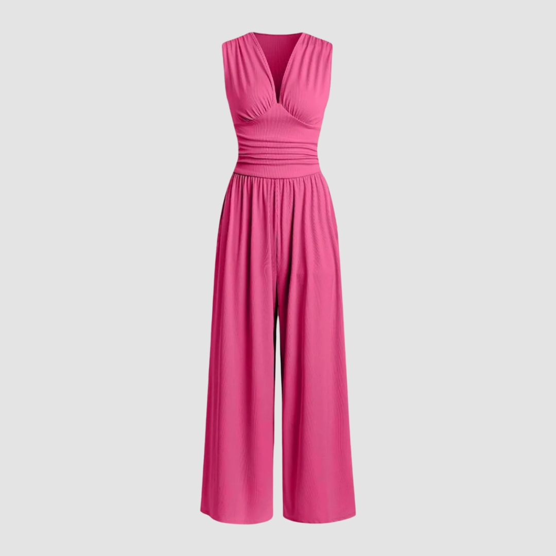 KROHN-E Damen Wide-Leg Overall Stretch-Stoff Ärmellos Relaxed-Fit
