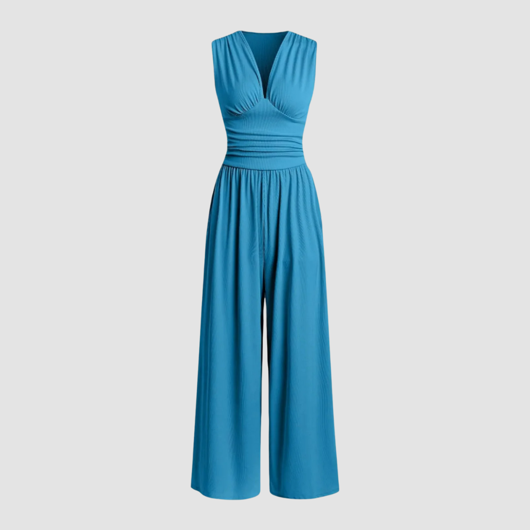 KROHN-E Damen Wide-Leg Overall Stretch-Stoff Ärmellos Relaxed-Fit