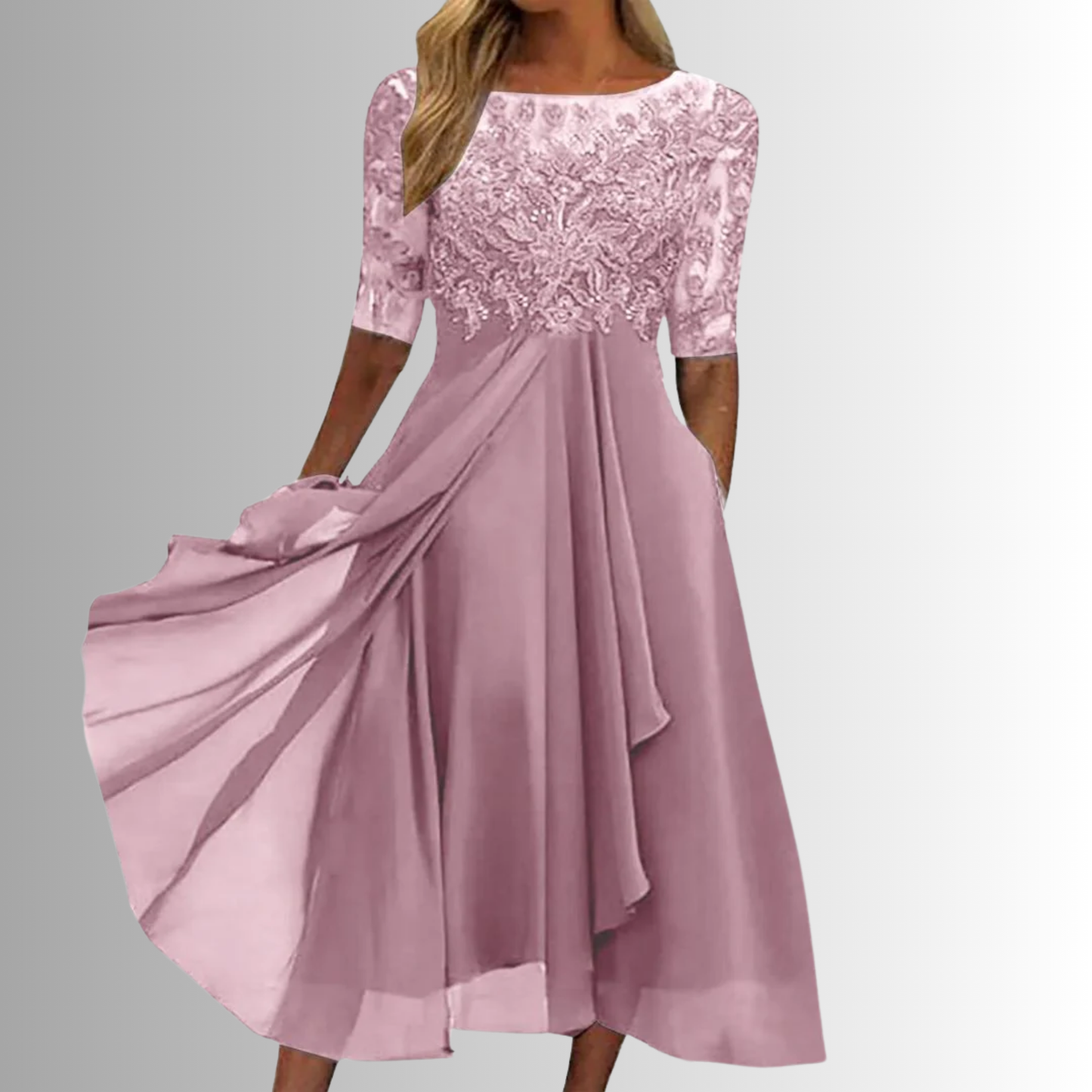 KROHN-E Damen Spitzenkleid Elegant Klassisch Midi Besondere Anlässe