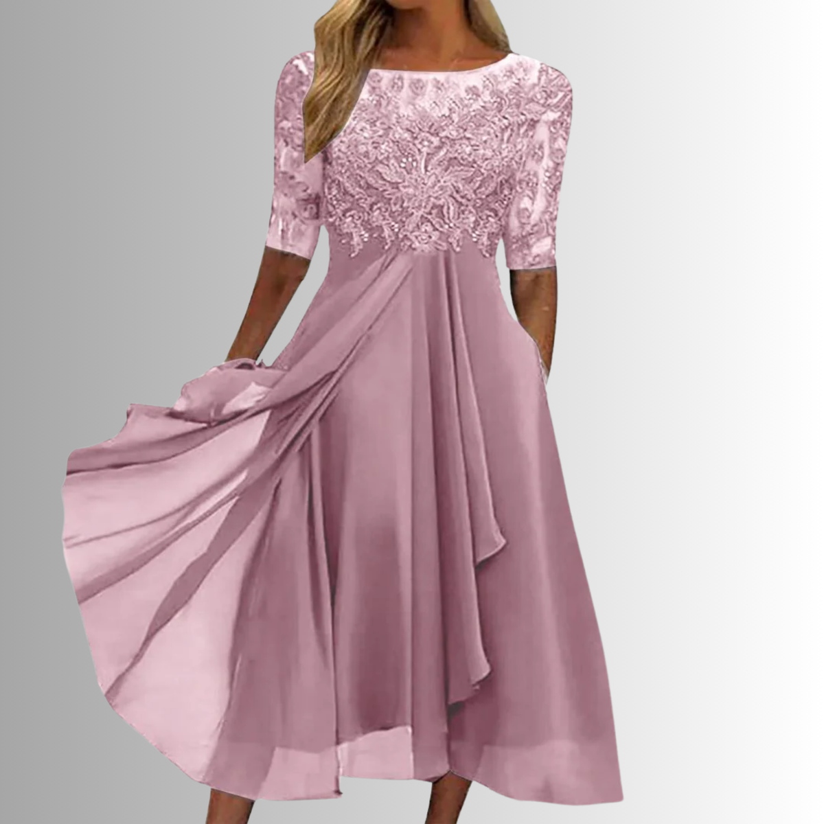 KROHN-E Damen Spitzenkleid Elegant Klassisch Midi Besondere Anlässe