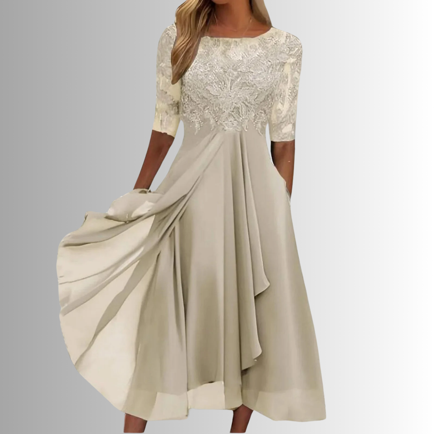 KROHN-E Damen Spitzenkleid Elegant Klassisch Midi Besondere Anlässe