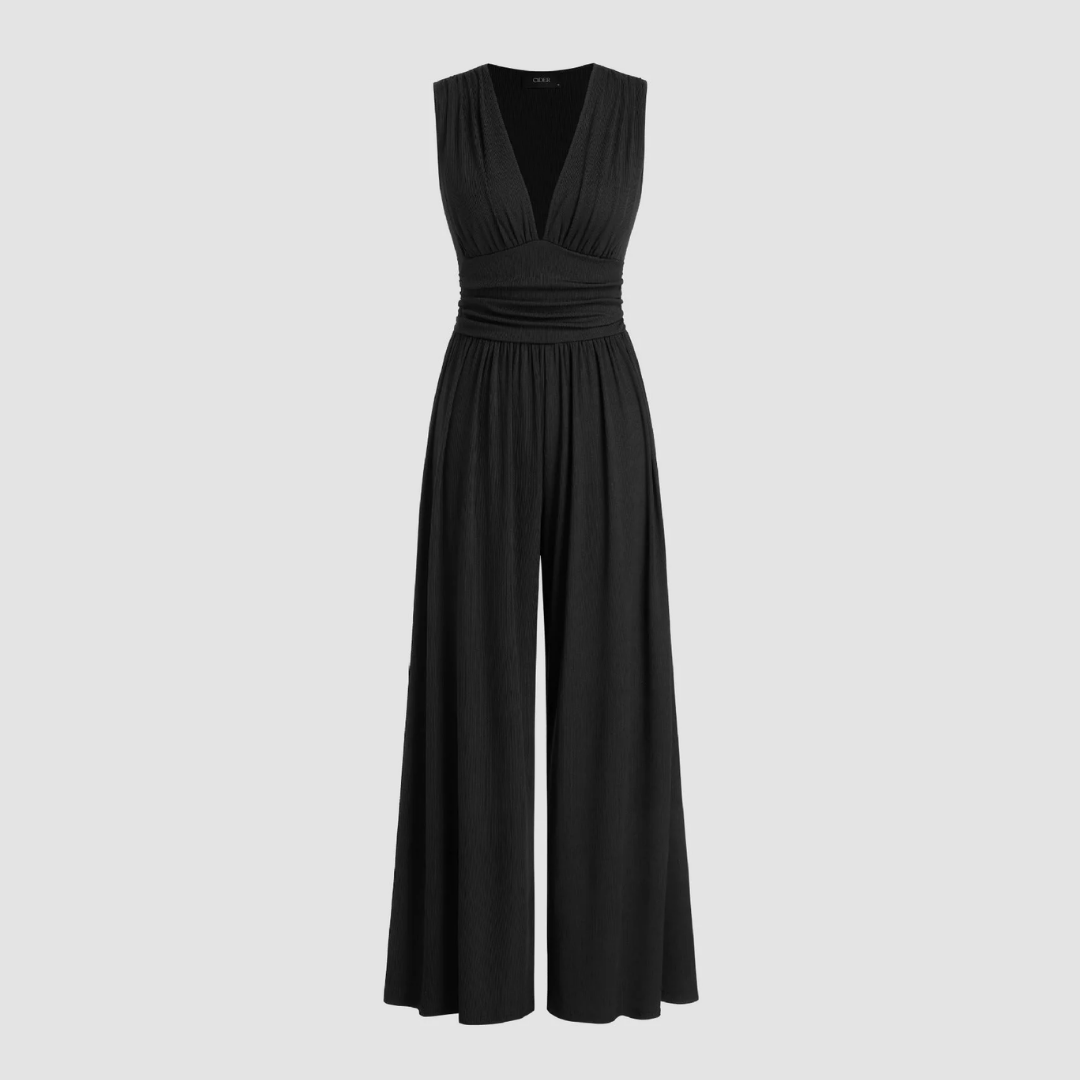 KROHN-E Damen Wide-Leg Overall Stretch-Stoff Ärmellos Relaxed-Fit