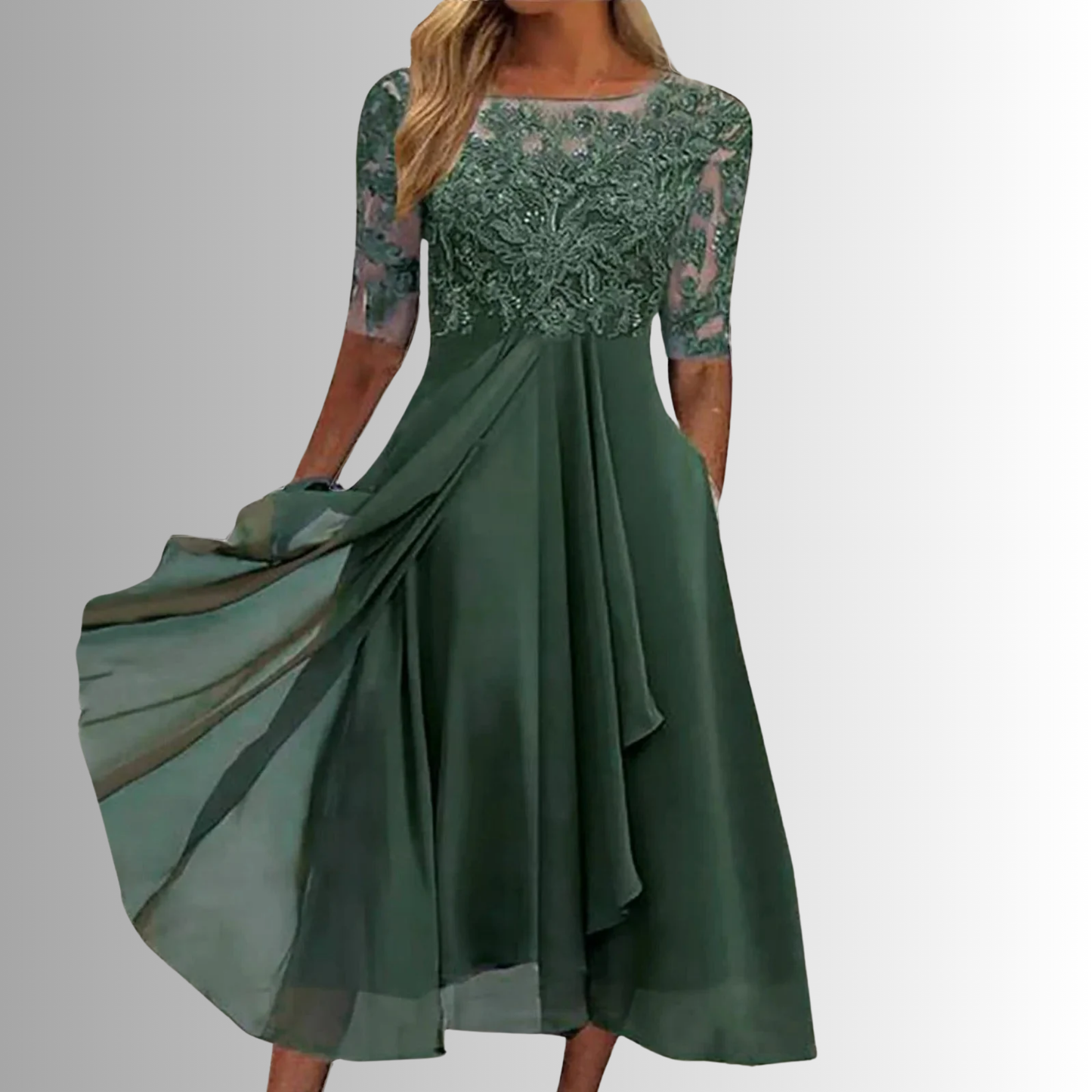 KROHN-E Damen Spitzenkleid Elegant Klassisch Midi Besondere Anlässe