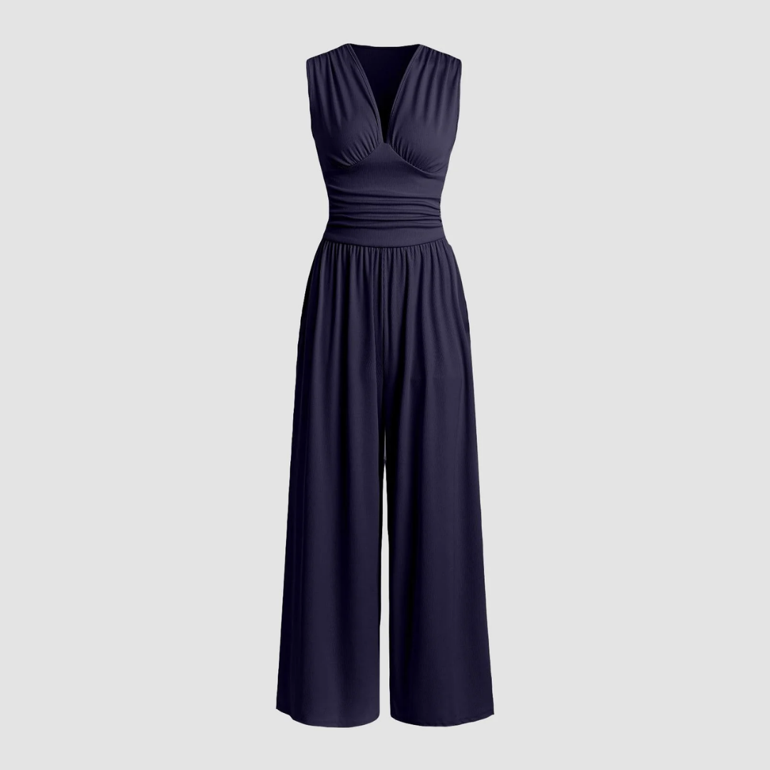 KROHN-E Damen Wide-Leg Overall Stretch-Stoff Ärmellos Relaxed-Fit