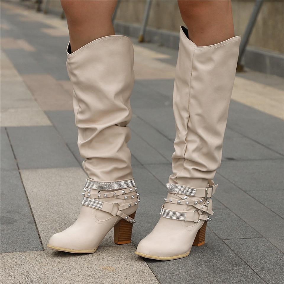 KROHN-E Damen Knie-Stiefel Slouchy Blockabsatz Vielseitig Elegant