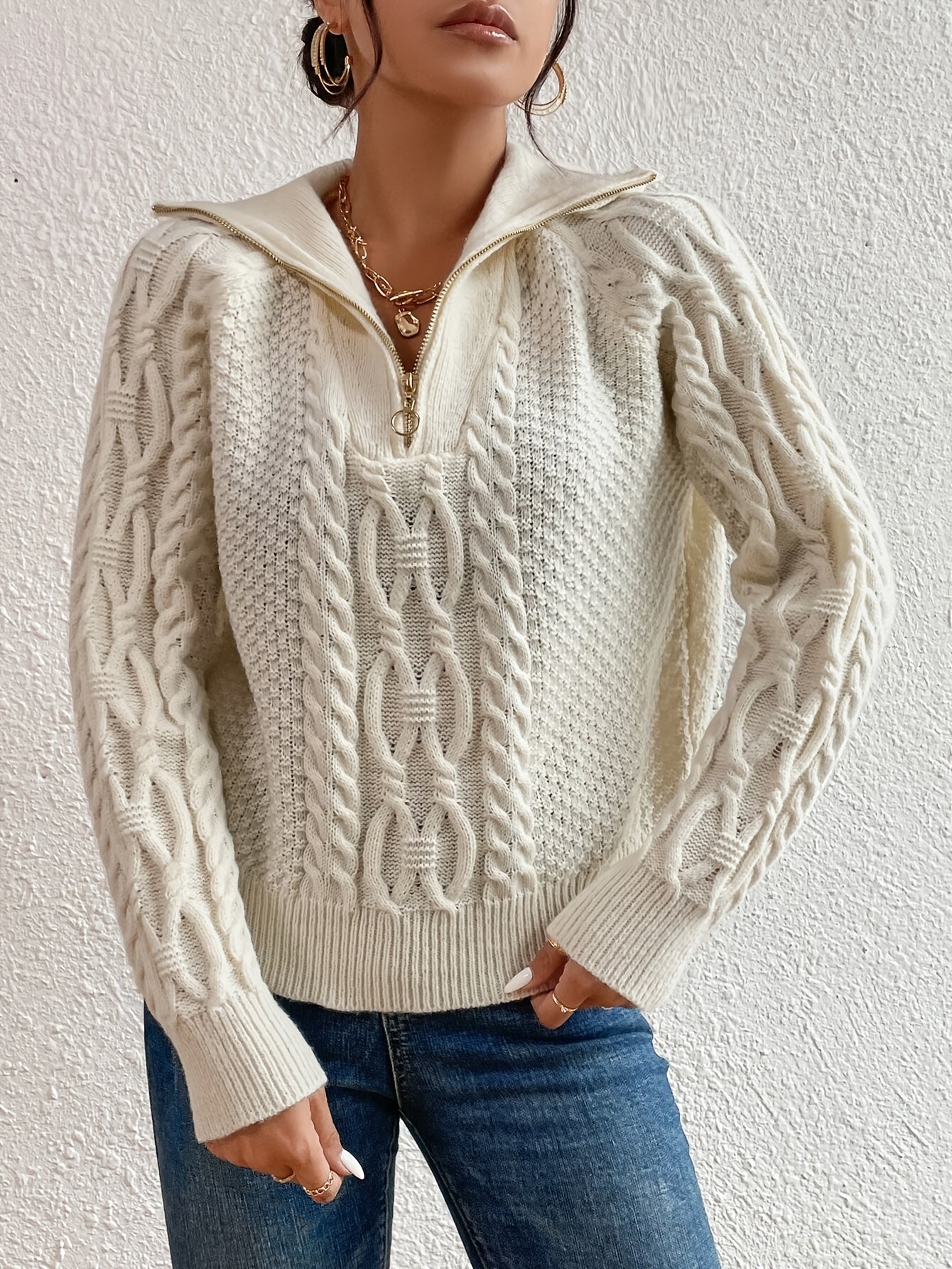 Krohn-e | Kabelstrickpullover mit Reißverschlusskragen - Krohn-e