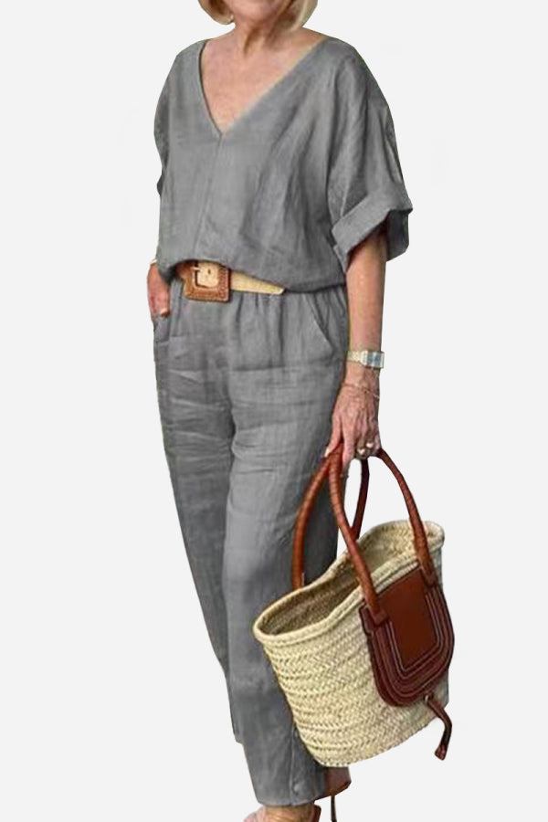 KROHN-E Damen V-Ausschnitt Fledermaus-Top Gerade Hose Set Rot