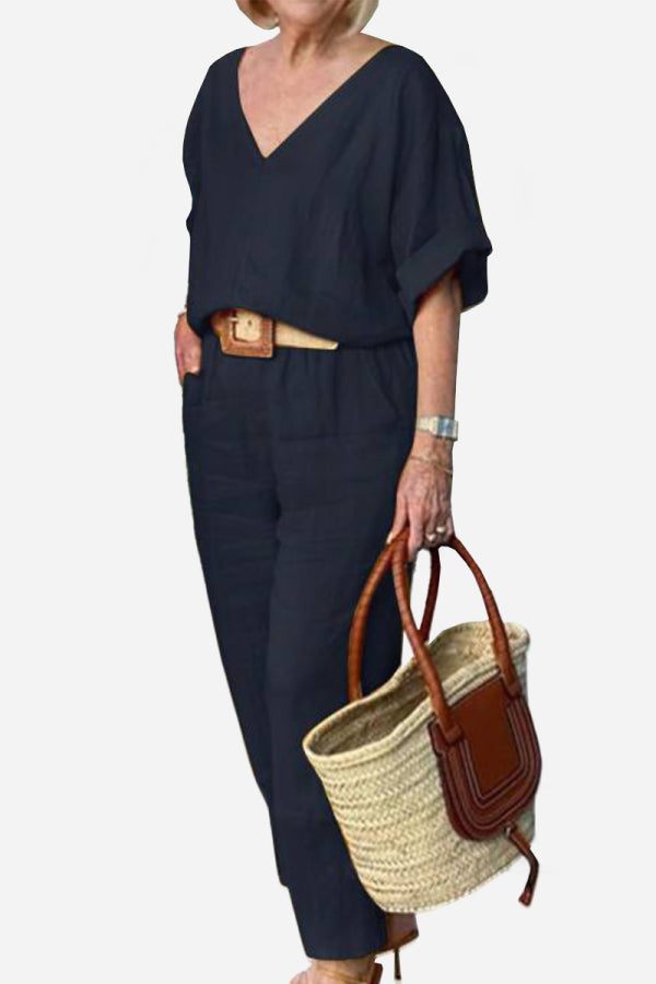 KROHN-E Damen V-Ausschnitt Fledermaus-Top Gerade Hose Set Rot