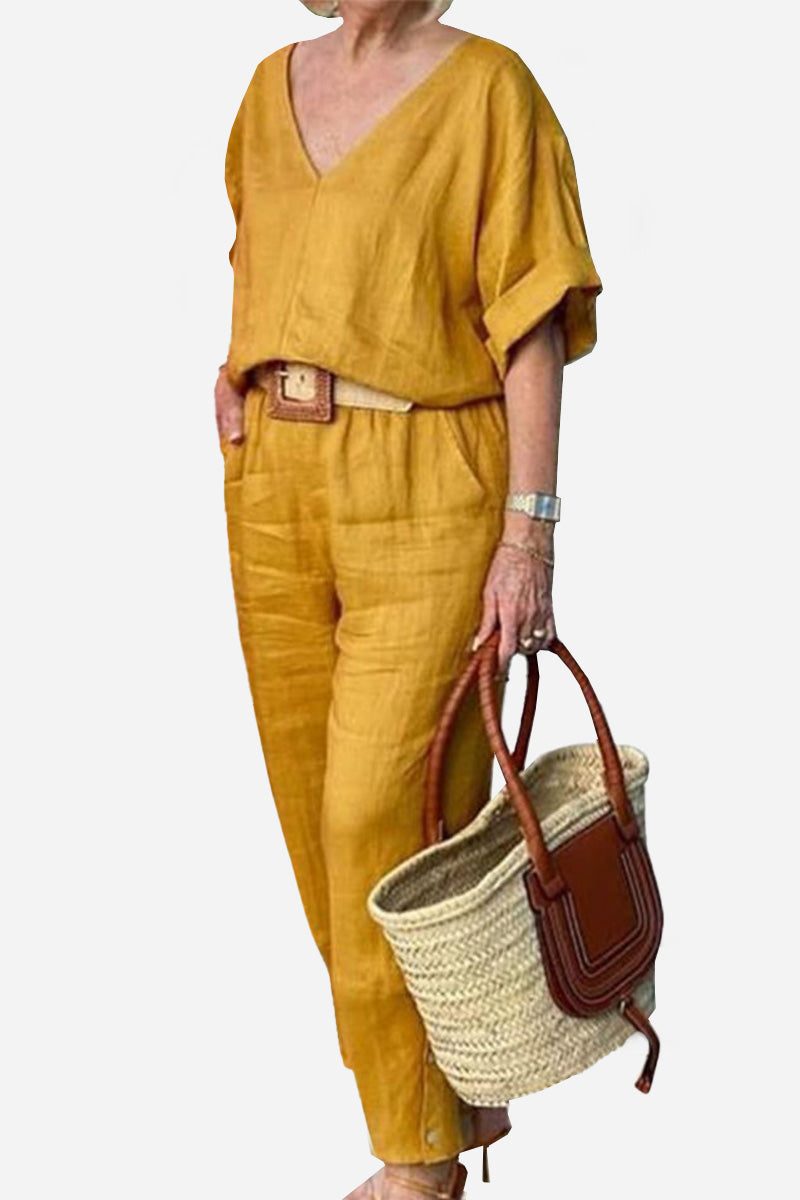 KROHN-E Damen V-Ausschnitt Fledermaus-Top Gerade Hose Set Rot