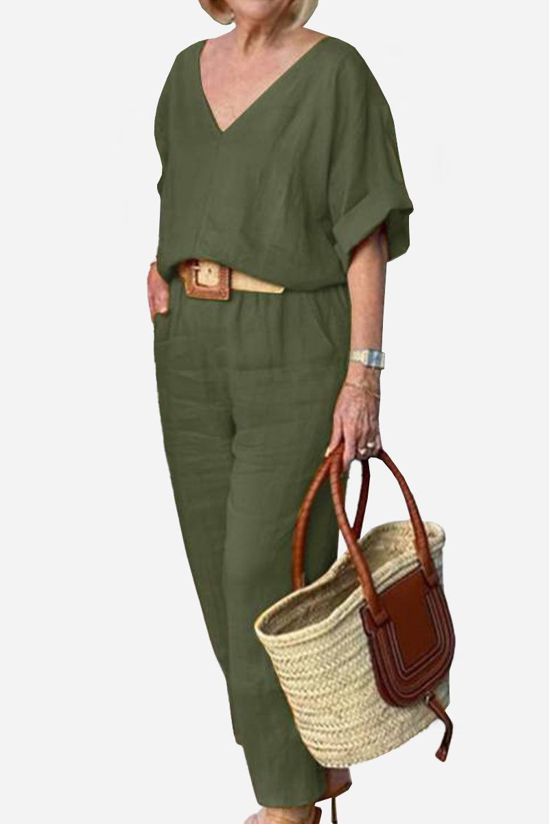 KROHN-E Damen V-Ausschnitt Fledermaus-Top Gerade Hose Set Rot