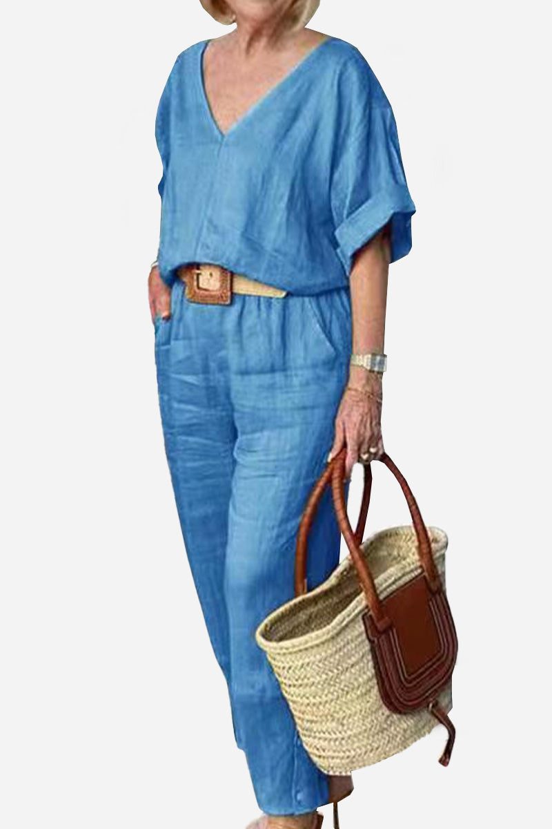 KROHN-E Damen V-Ausschnitt Fledermaus-Top Gerade Hose Set Rot