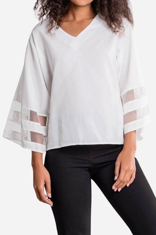 KROHN-E Damen V-Ausschnitt Bluse Glockenärmel Mesh-Einsatz