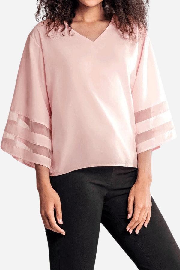 KROHN-E Damen V-Ausschnitt Bluse Glockenärmel Mesh-Einsatz
