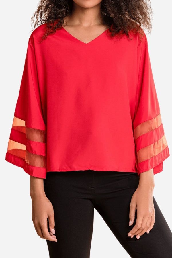 KROHN-E Damen V-Ausschnitt Bluse Glockenärmel Mesh-Einsatz