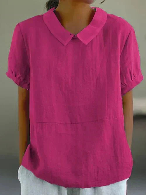 KROHN-E Damen Bluse kurzarm Peter-Pan-Kragen Leinen-Optik hellblau