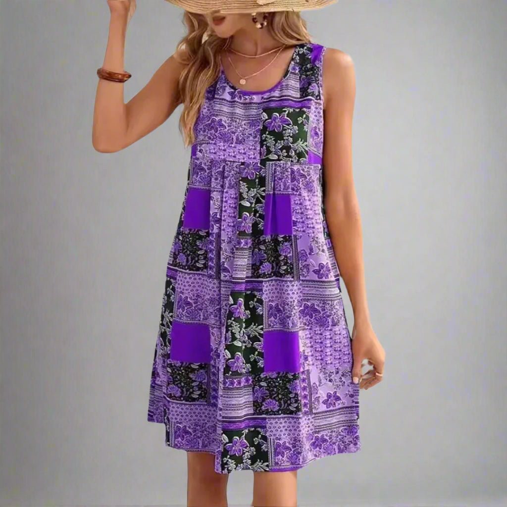 KROHN-E Damen Mini-Kleid Patchwork-Print ärmellos Baumwollmischung Sommer