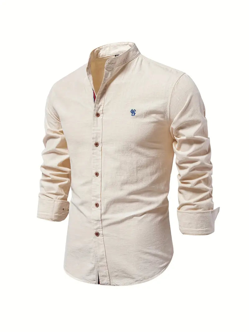 Fello | Herren Stehkragen Hemd Langarm Slim Fit Freizeithemd