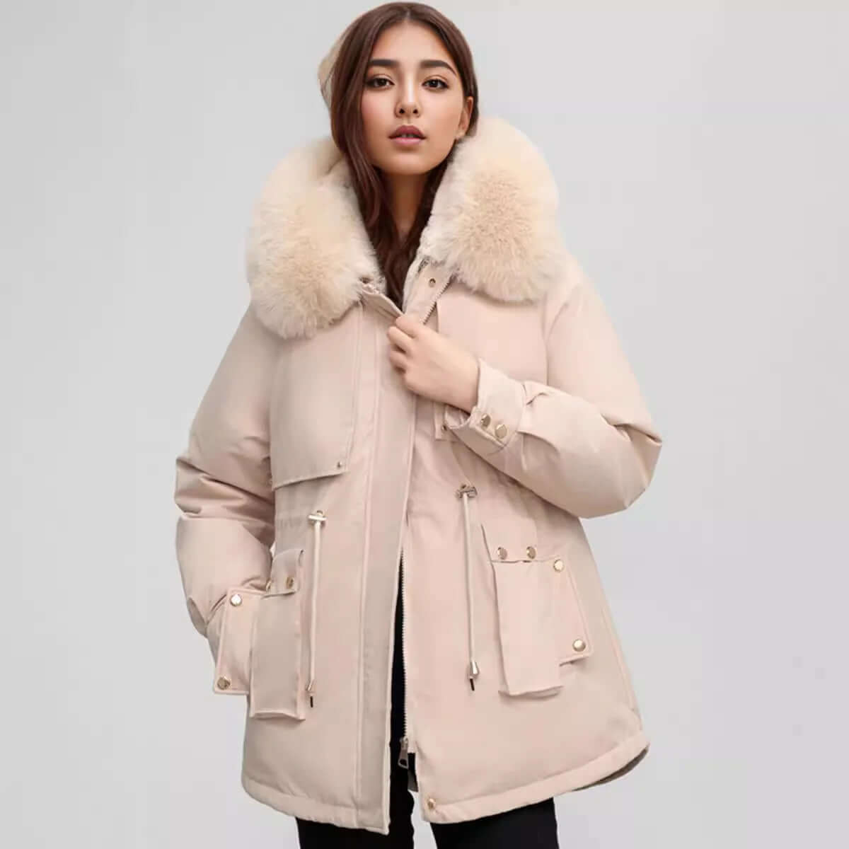 Krohn-e | Damen Winter Kunstpelzkragen Mantel