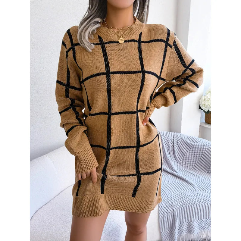 Damen-Midi-Kleid aus gestricktem Karomuster