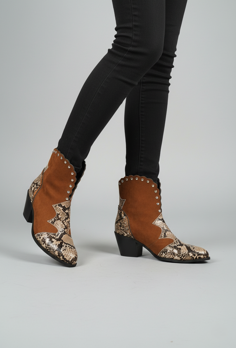 Krohn-e | Western Stiefeletten mit Schlangenleder Akzent Bestickter Gewellter Besatz Niedriger Blockabsatz