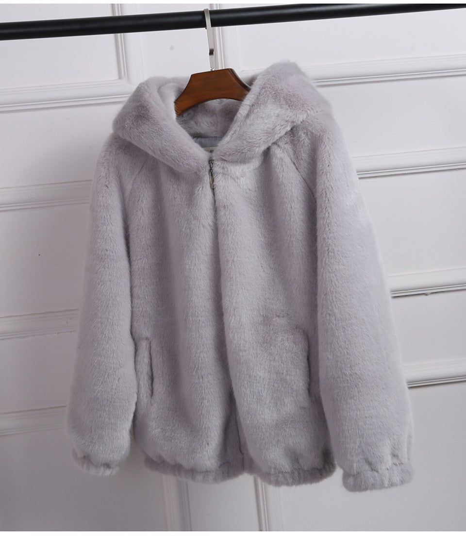 Damen Flauschige Kapuzenjacke aus Kunstfell mit hochwertigem Reißverschluss Krohn-e