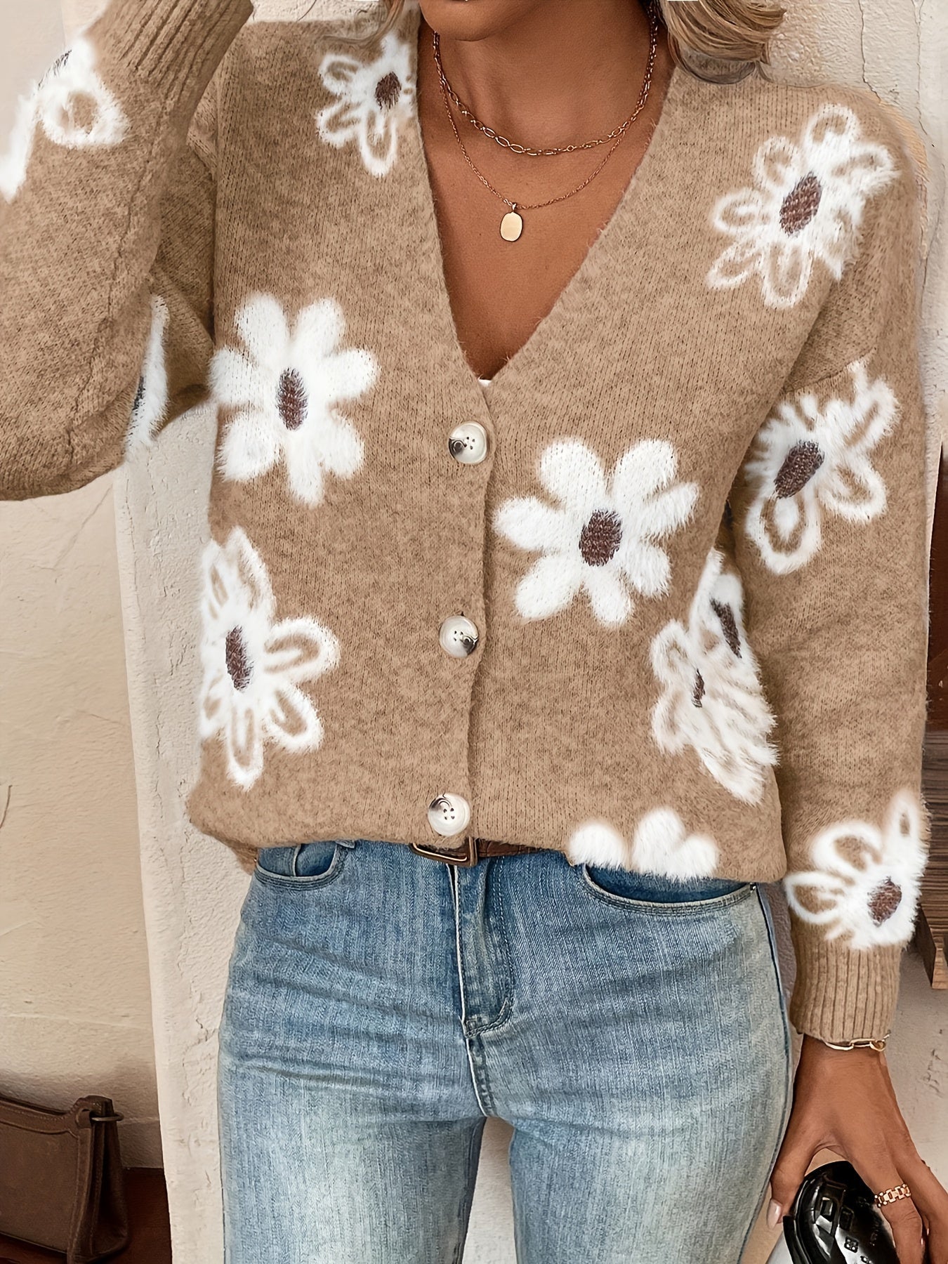 Krohn-e | Weiche Strickjacke mit Blumenmuster Acryl Wärme und Stil