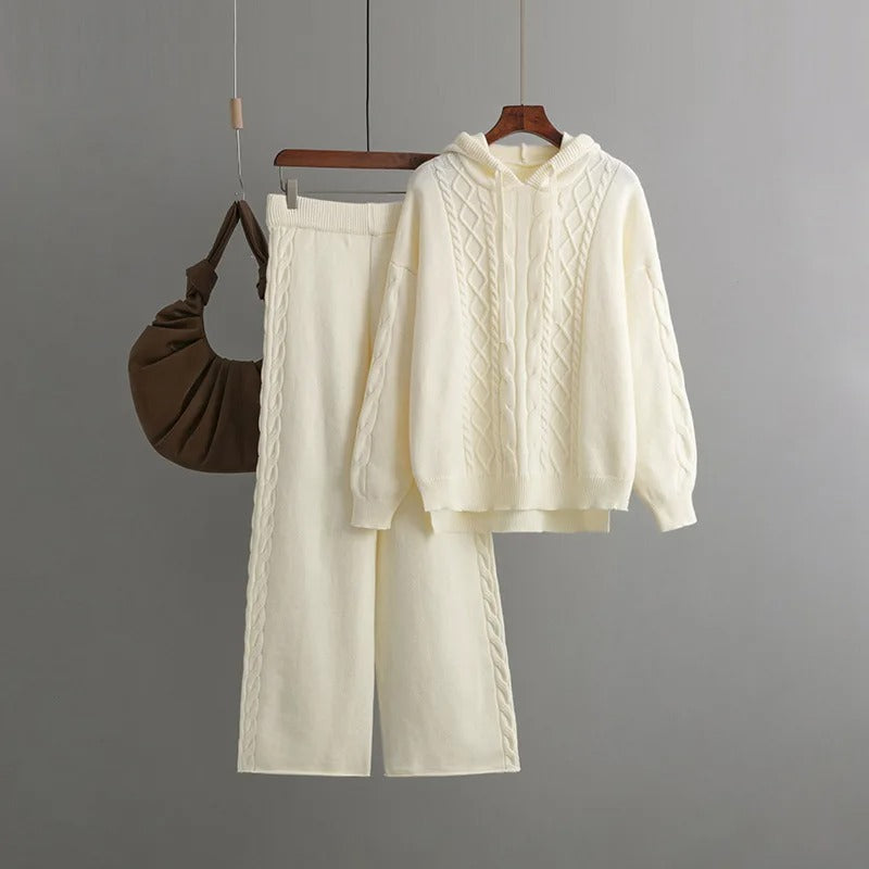 Langarm-Strickpullover mit weiten Hosen – Zweiteiliger Satz