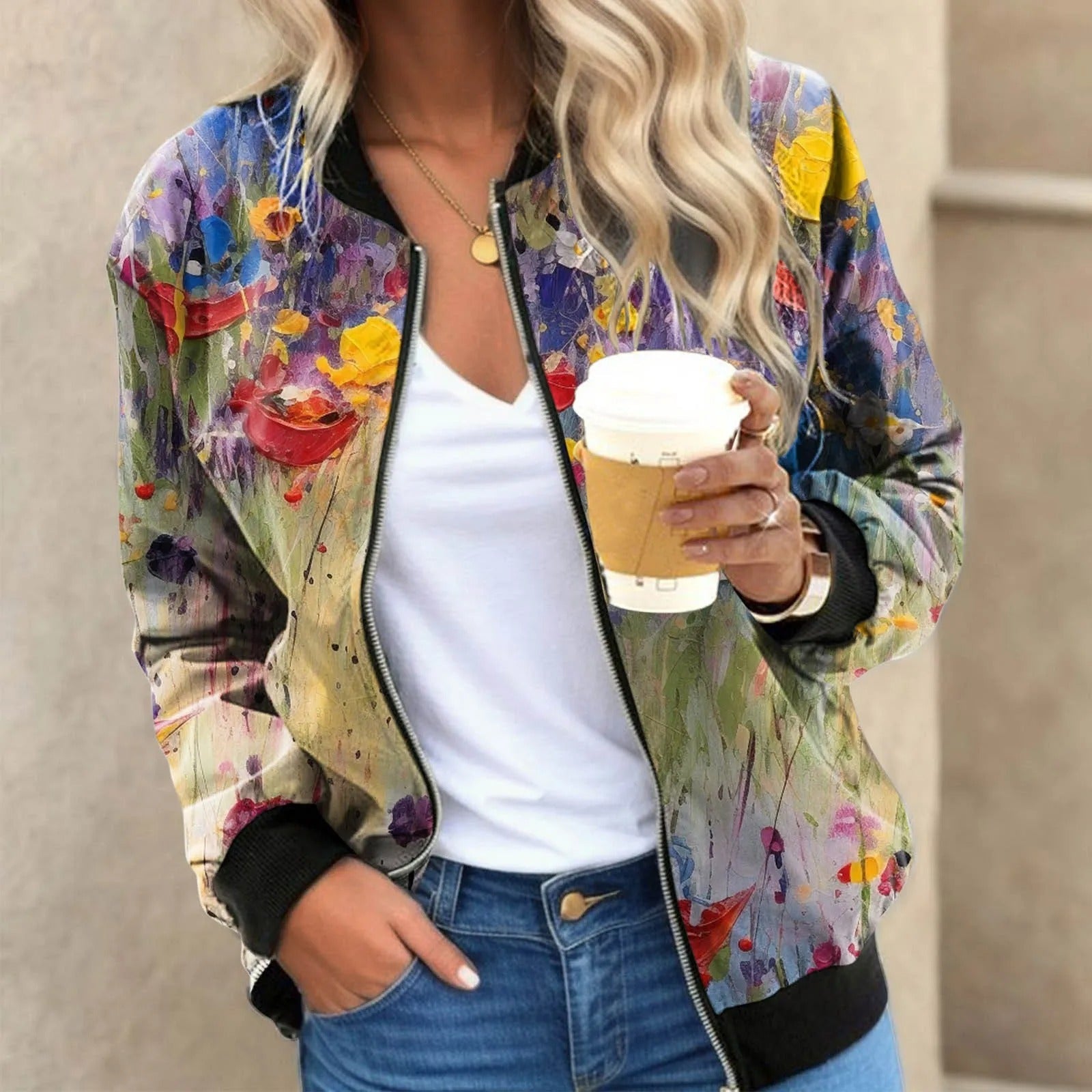 Krohn-e | Blumengemusterte Bomberjacke mit Federprint Polyester Elegant und Lässig