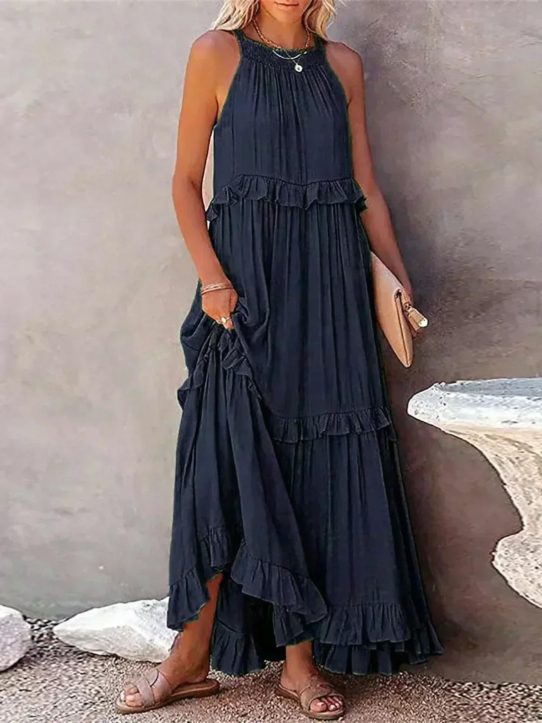 KROHN-E Damen Ärmelloses Kleid Rüschen Fließend Sommerkleid Romantisch