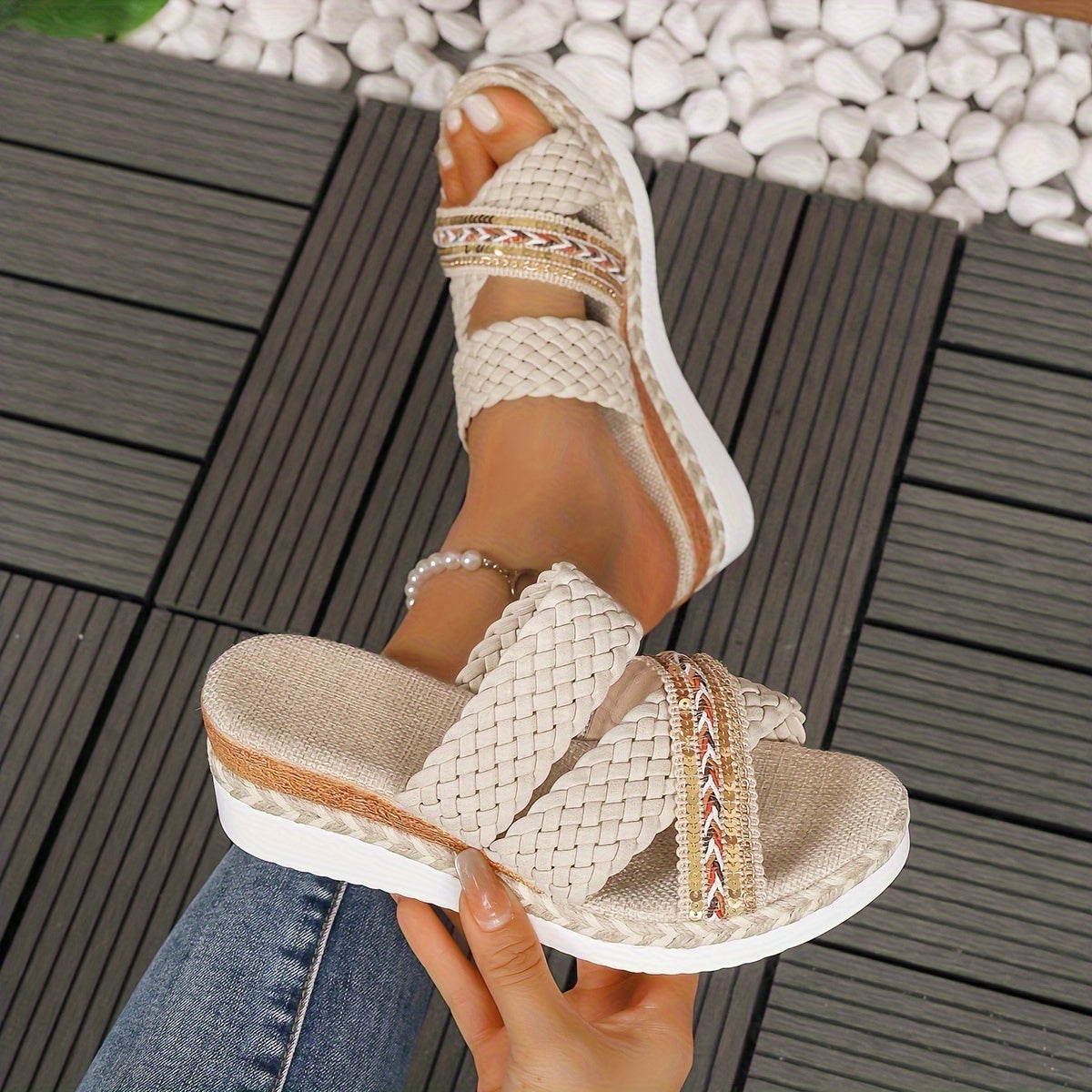 KROHN-E Damen Geflochtene Slip-On Sandalen Sommer