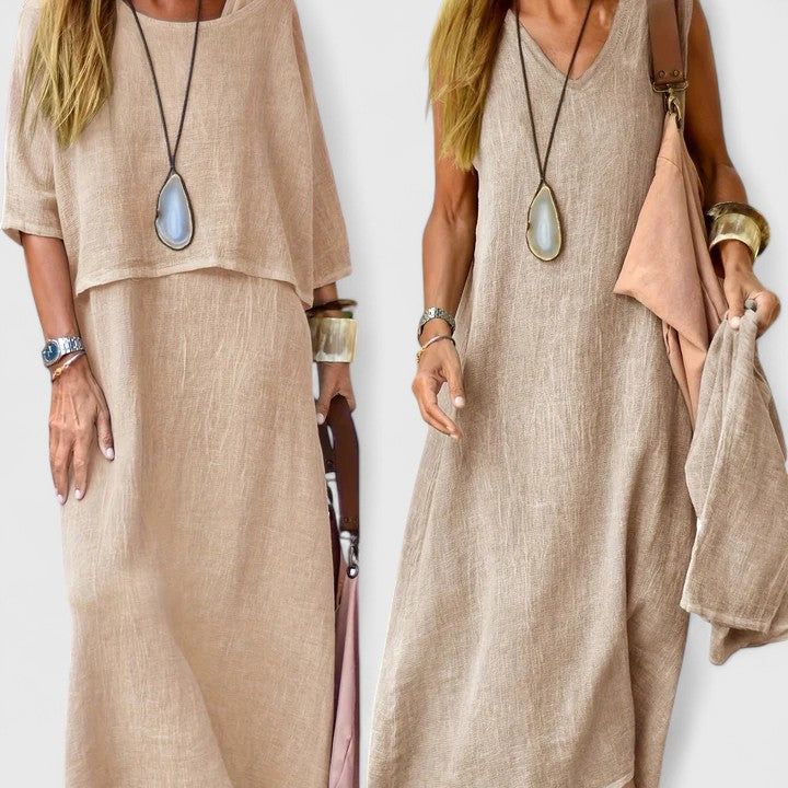 KROHN-E Damen Zweiteiler Maxi-Kleid Leinen-Look Beige