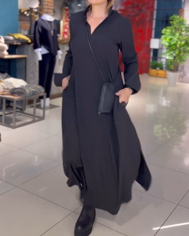 Langes Lodenkleid mit Revers und Seitenschlitz
