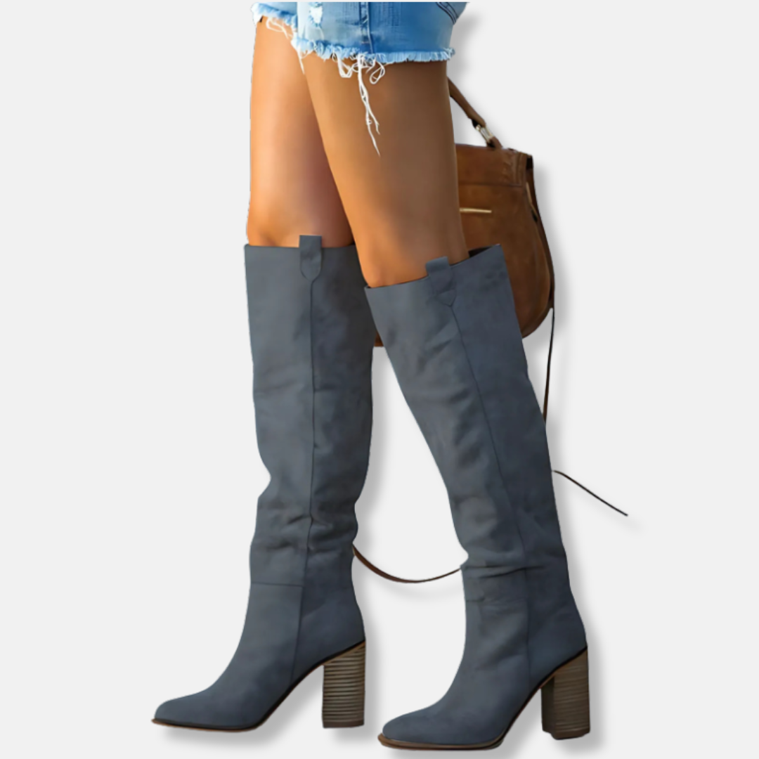 Krohn-e | Knöchelhohe Stiefel - Wildlederähnliches Textil - Chunky Blockabsatz - Spitz Zulaufende Zehen
