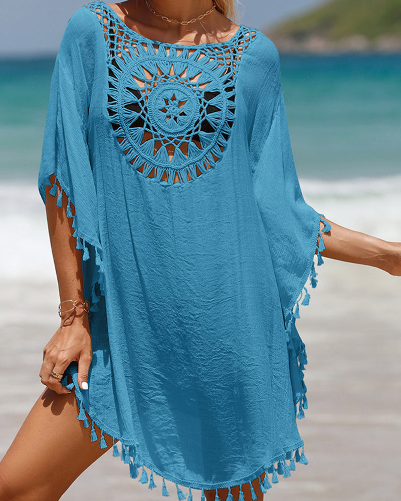 KROHN-E Damen Strandkleid Cover-Up Häkel-Optik Quasten Weiß