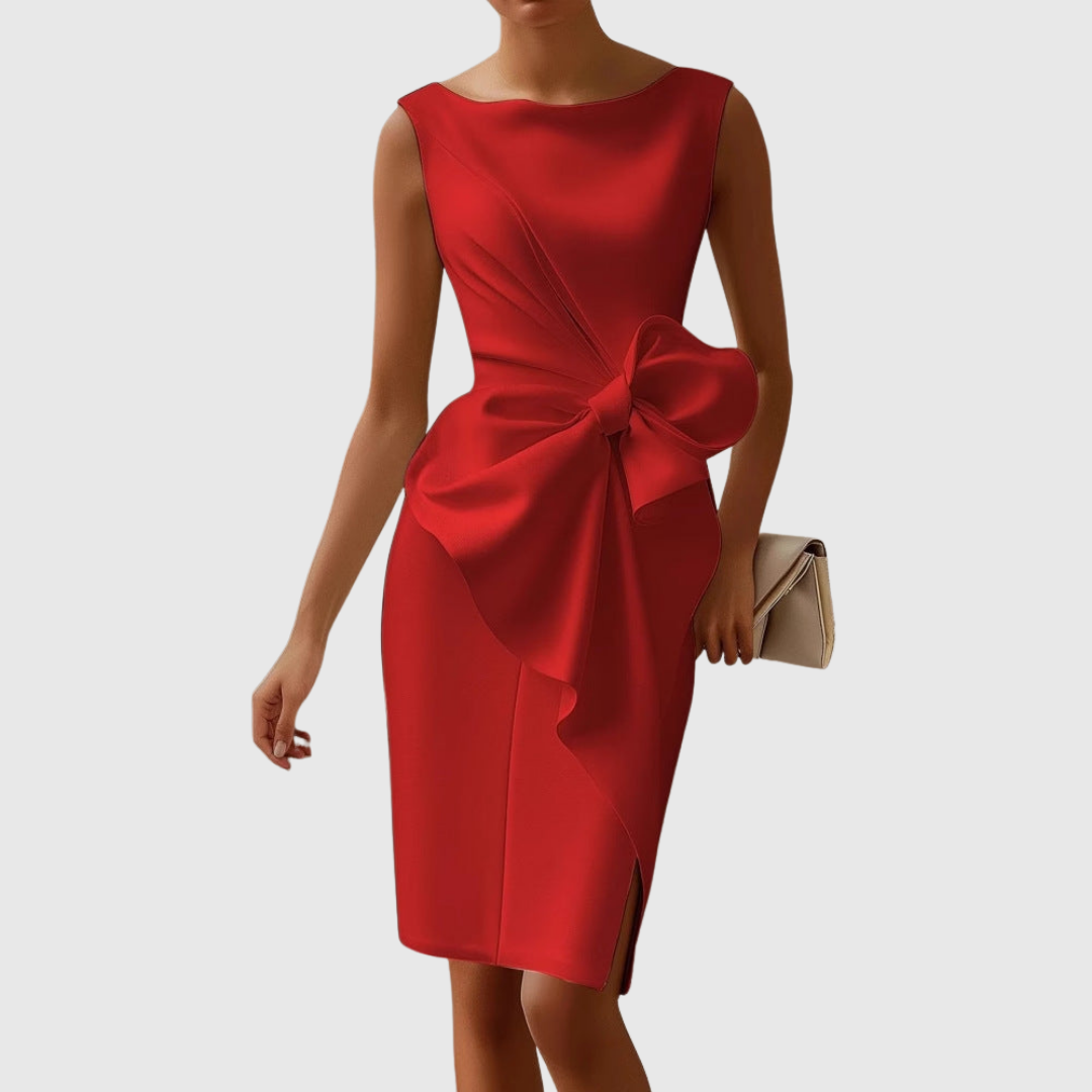 KROHN-E Damen Midi-Kleid Carmenausschnitt Schleifendetail Schwarz