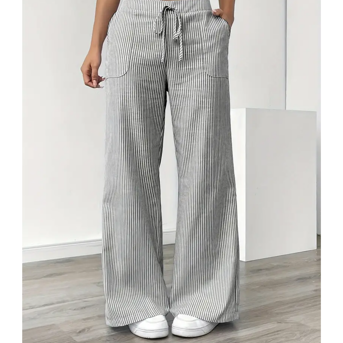 KROHN-E Damen Gestreifte Hose Entspannte Passform Taschen
