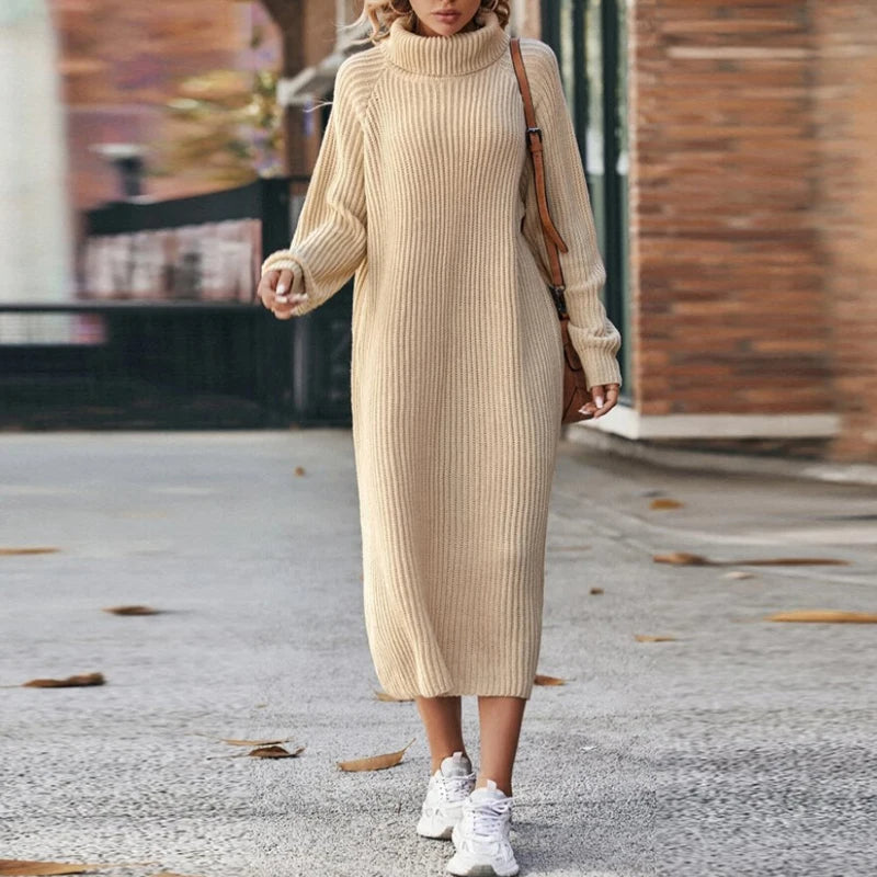 Krohn-e | Bequeme Damen Maxi Pullover Kleid mit Kragen