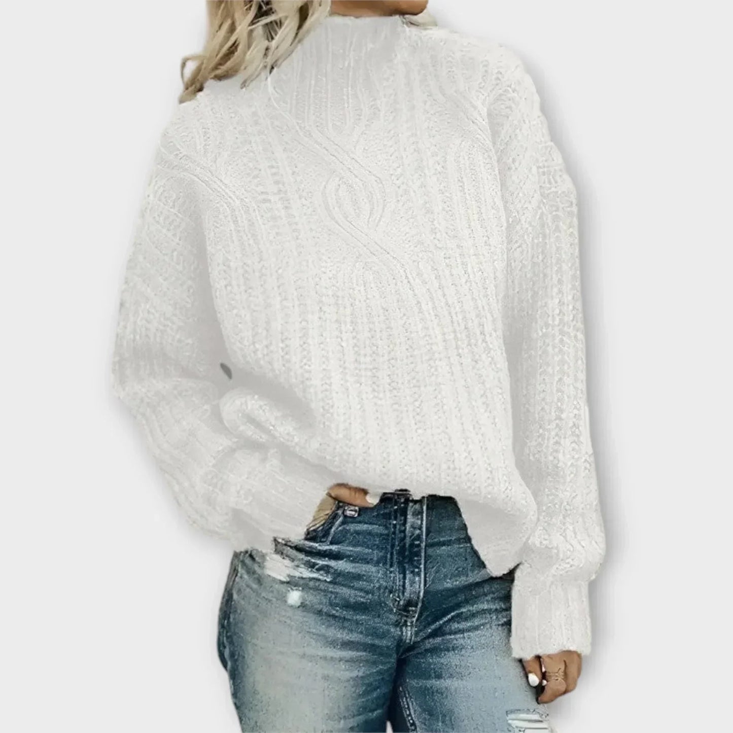 KROHN-E Damen Pullover Stehkragen Zopfmuster Langarm Strick