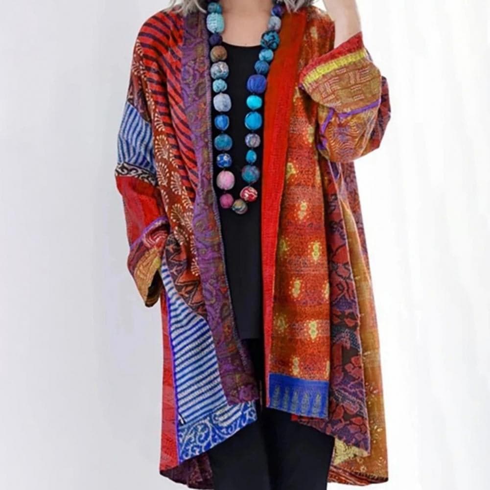 Krohn-e | Kimono-Jacke - Bohemian-Patchwork-Design - Leicht und Luftig - Langärmlig Offene Vorderseite