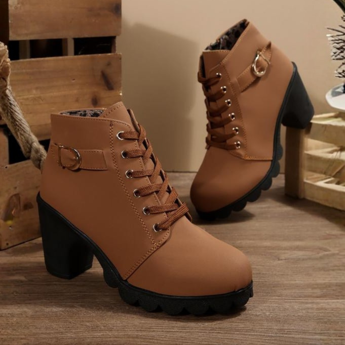 KROHN-E Damen Stiefeletten Chunky Schnürung Robuste Sohle