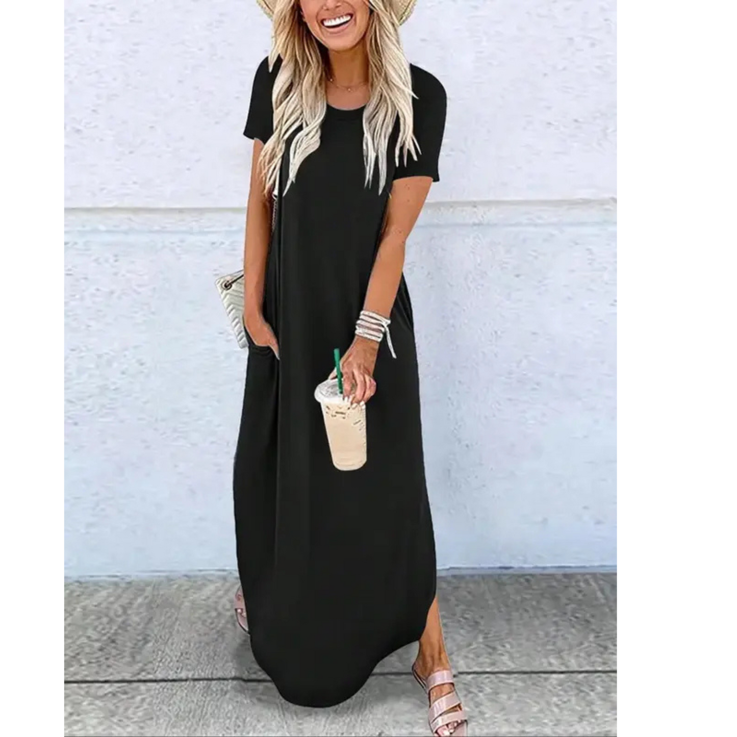 KROHN-E Damen Maxi-Kleid Rundhals Casual Sommer Leicht