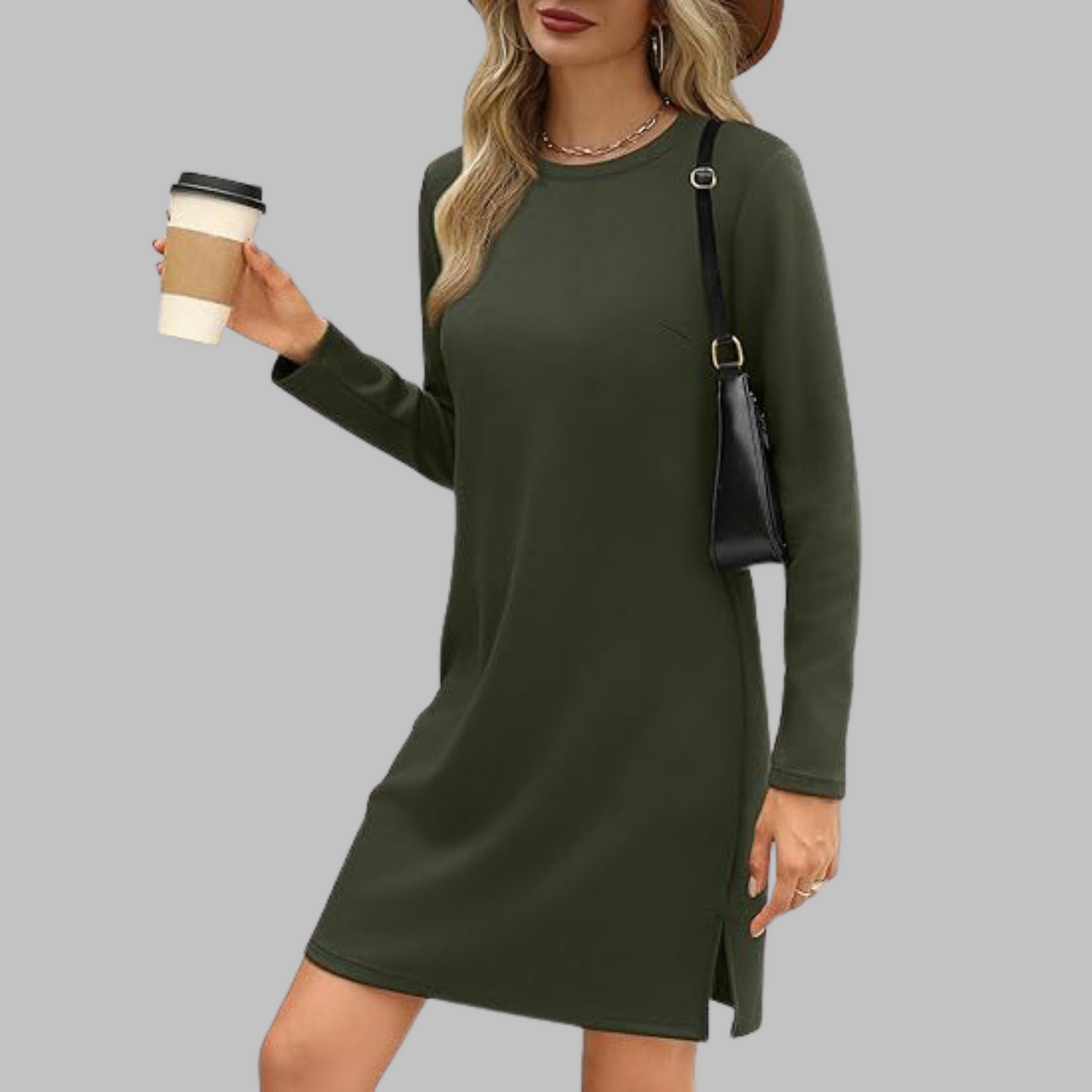 KROHN-E Damen Langarmkleid Rundhals Relaxed Fit Alltagskleid