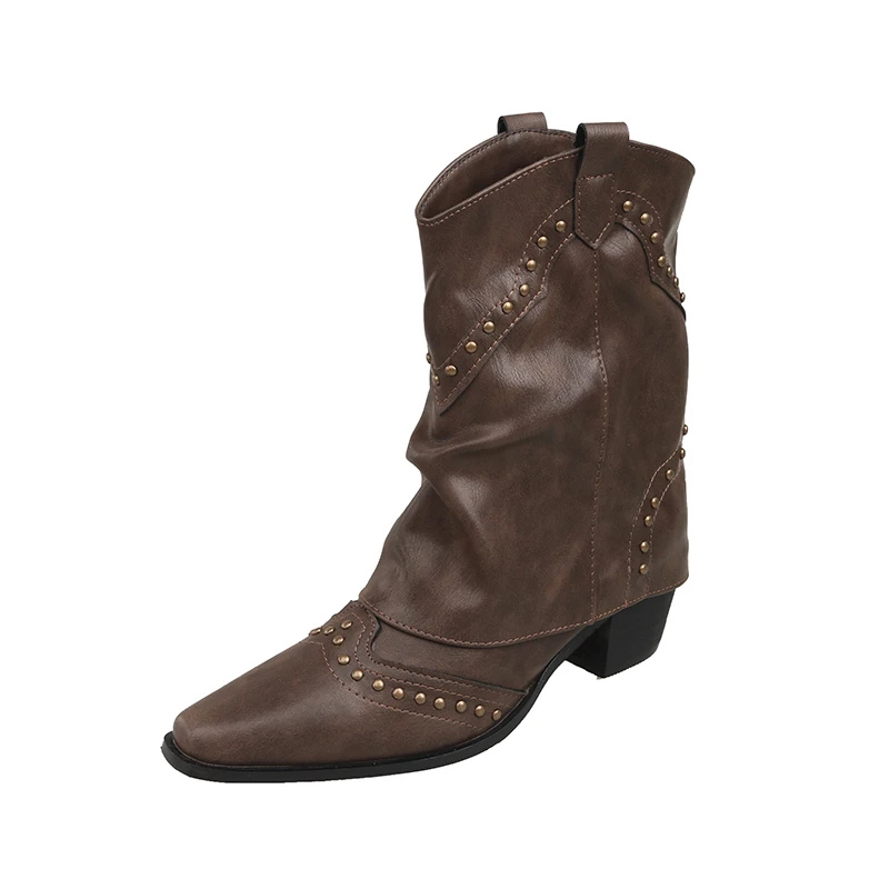 KROHN-E Damen Western-Stiefel Nieten-Details Mittlerer Absatz