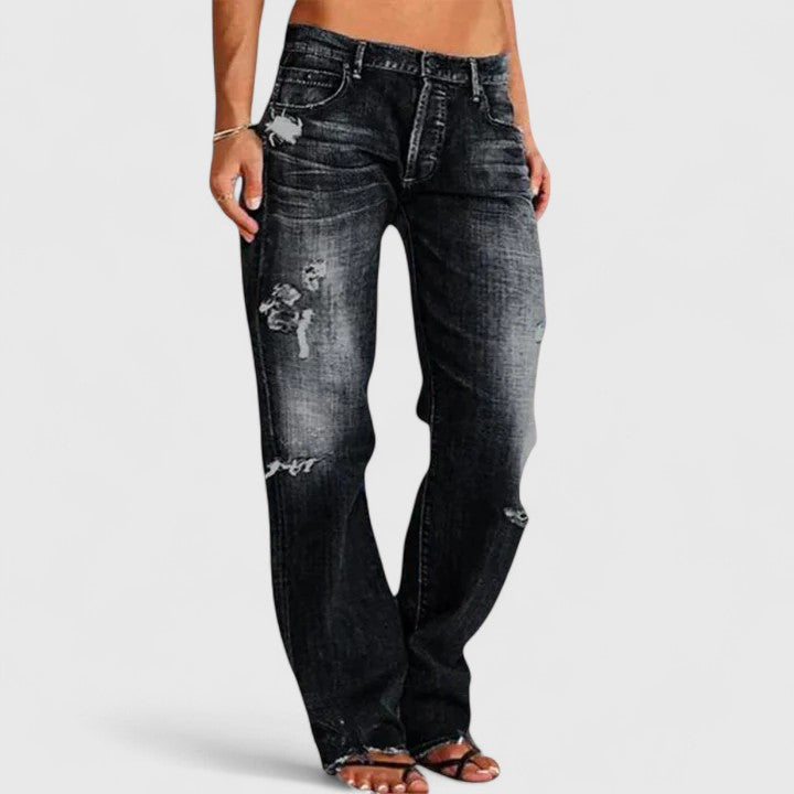 KROHN-E Damen Straight Jeans Used-Look Low-Rise Hellblau Distressed